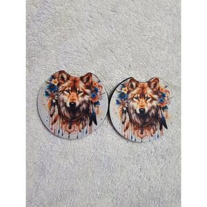 Wolf‎ Car Coasters - Absorbent Stone, Finger Notch - Set of 2